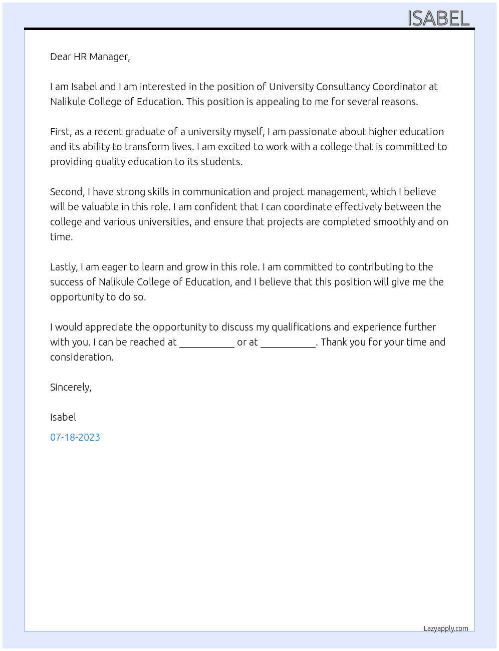 University Consultancy Coordinator  At Nalikule College of Education  Cover Letter