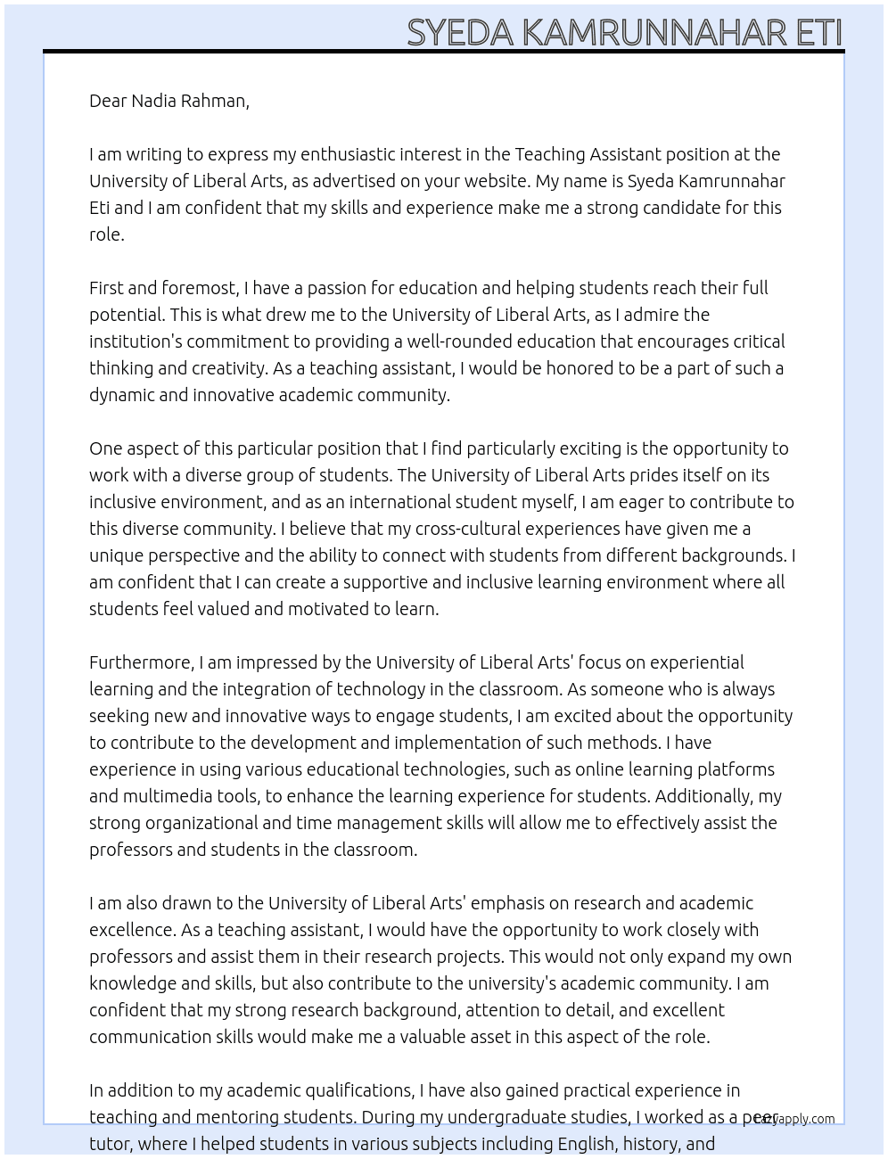 Teaching assistant  At University of Liberal Arts  Cover Letter