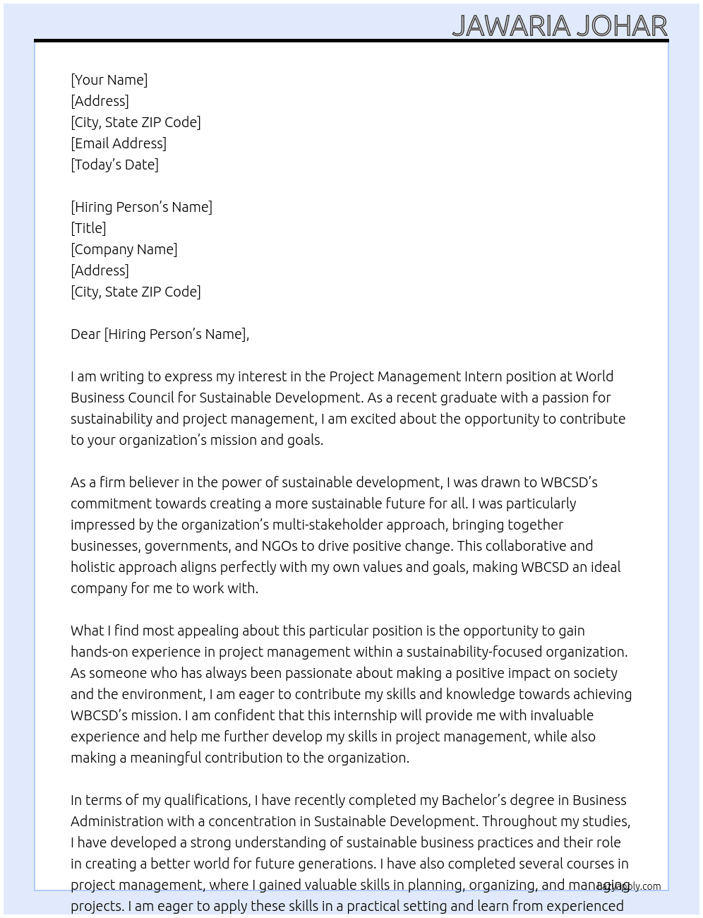 Project management intern At World Business Council for sustainable development Cover Letter