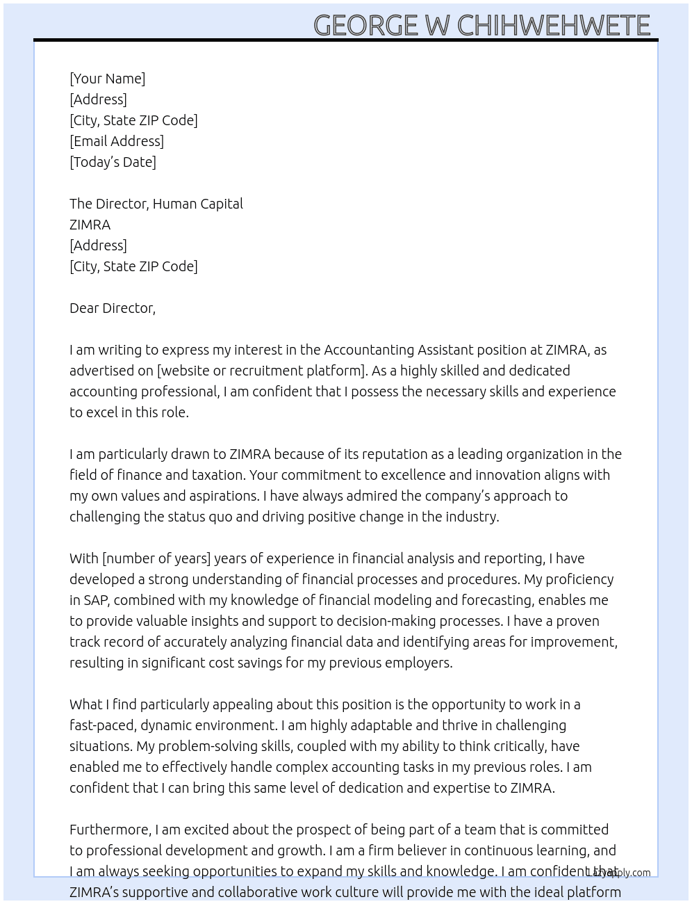 Accountanting assistant  At ZIMRA Cover Letter