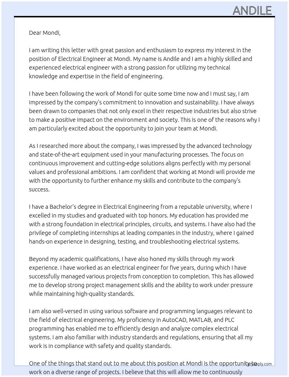 electrical engineer At mondi Cover Letter
