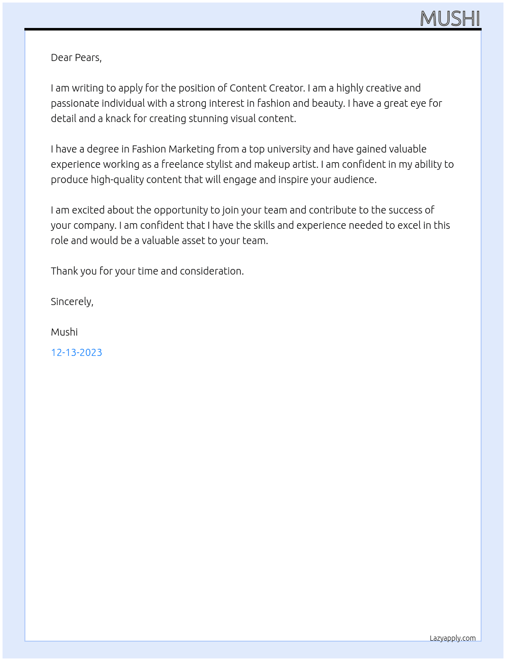 content creator At Pears Cover Letter