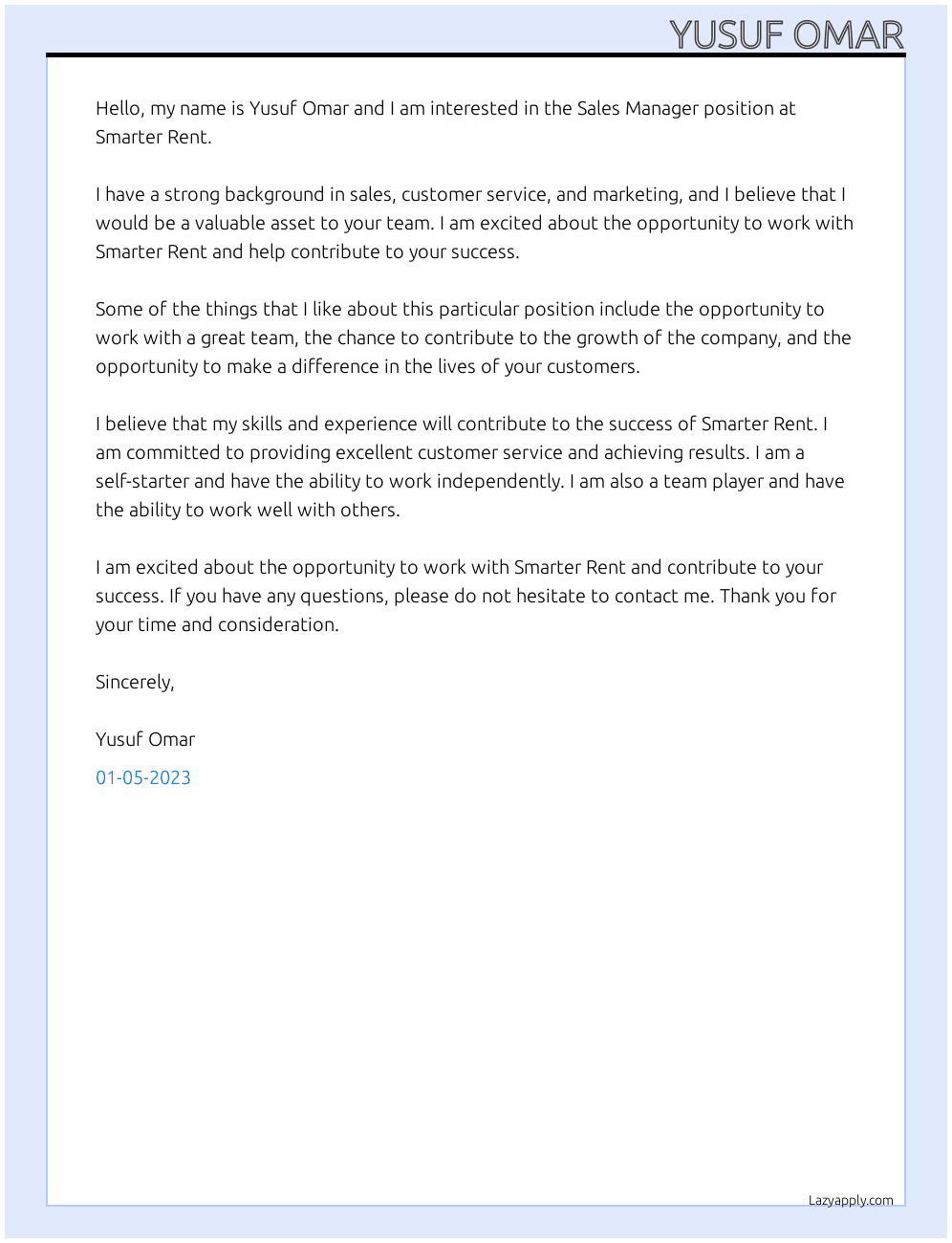 Sales Manager At smarter rent Cover Letter