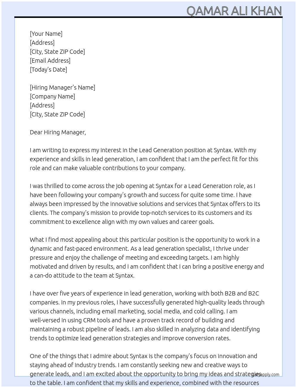Lead Generation At Syntax Cover Letter