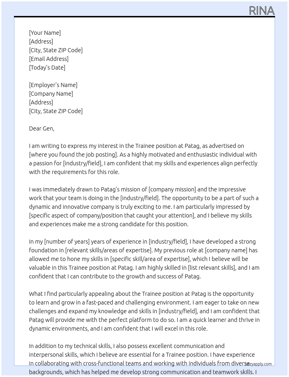 Traine At Patag Cover Letter