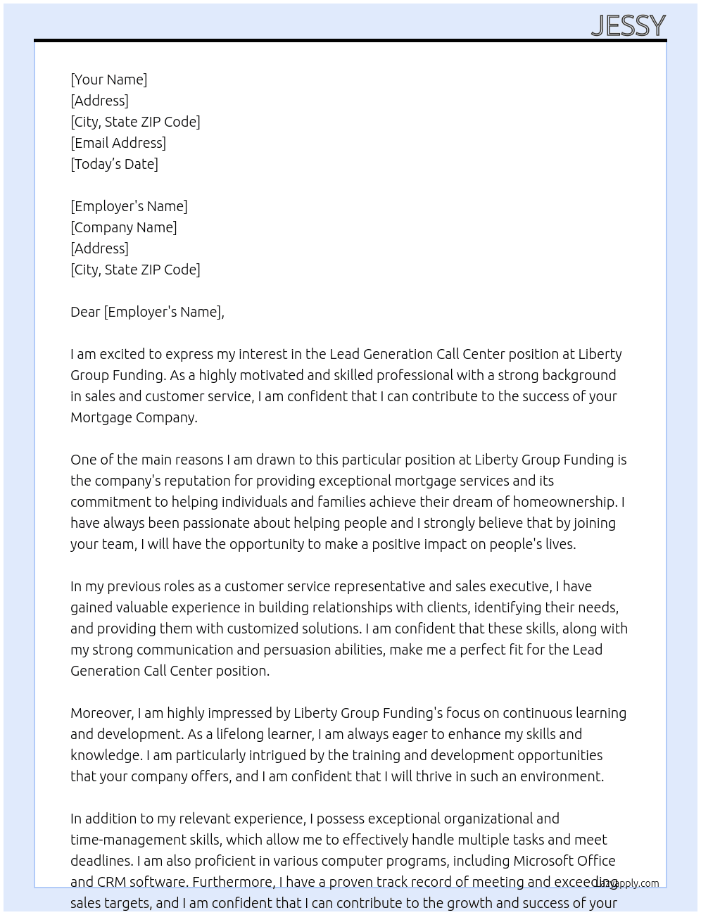 Lead Generation Call Center At Mortgage Company Cover Letter