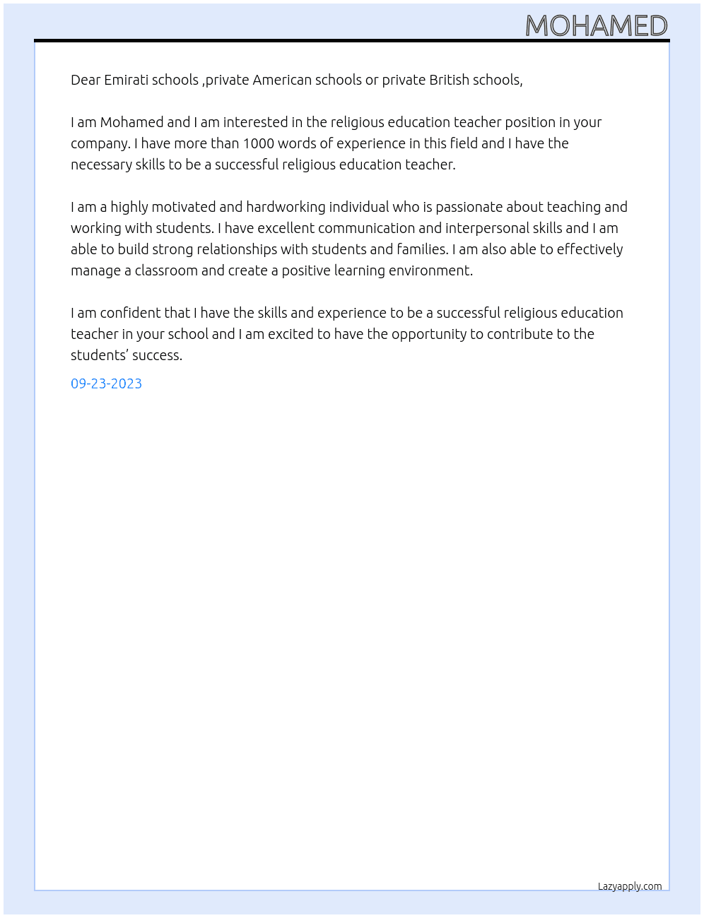 Religious education teacher At Emirati schools ,private American schools or private British schools Cover Letter