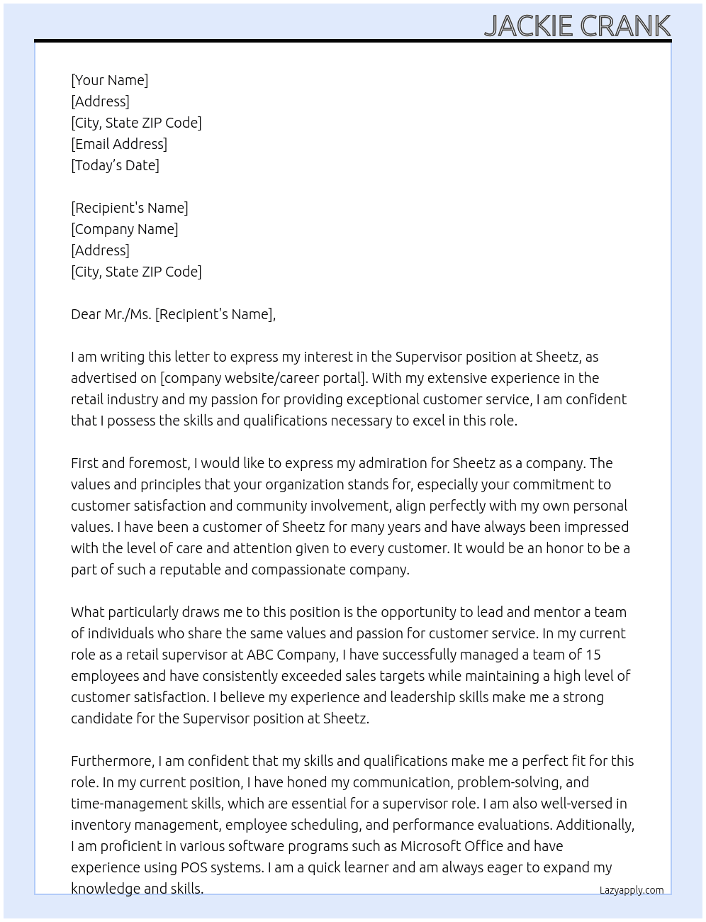 Supervisor At Sheetz Cover Letter