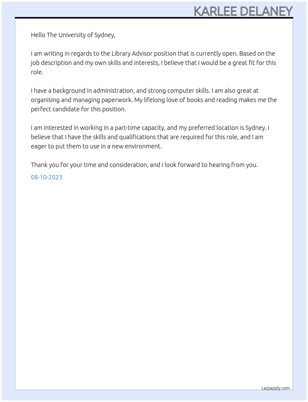 Library Advisor At The University of Sydney Cover Letter