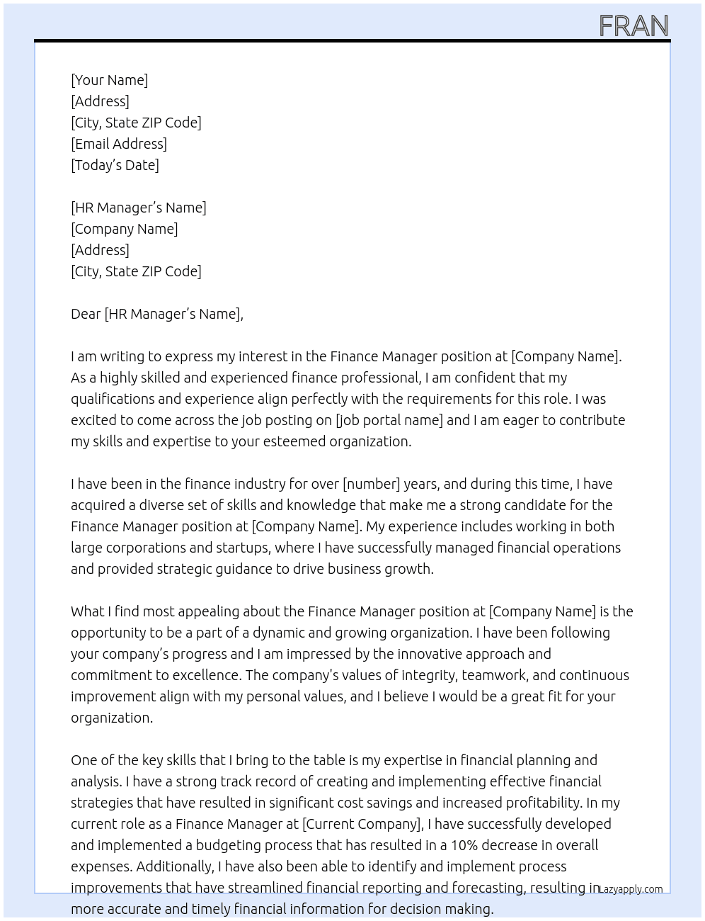 Finance Manager At No idea Cover Letter
