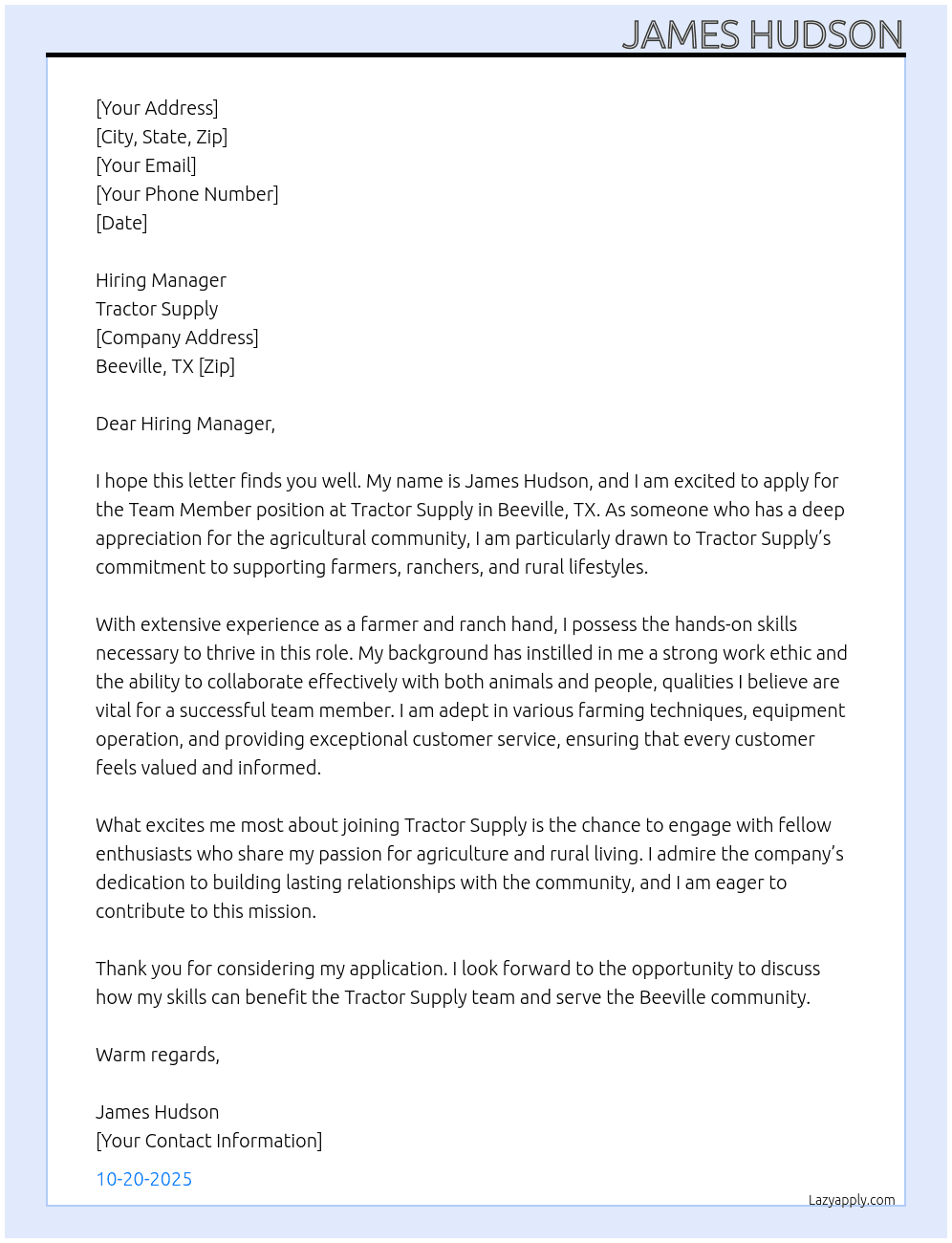 Team Member At Tractor Supply  Cover Letter