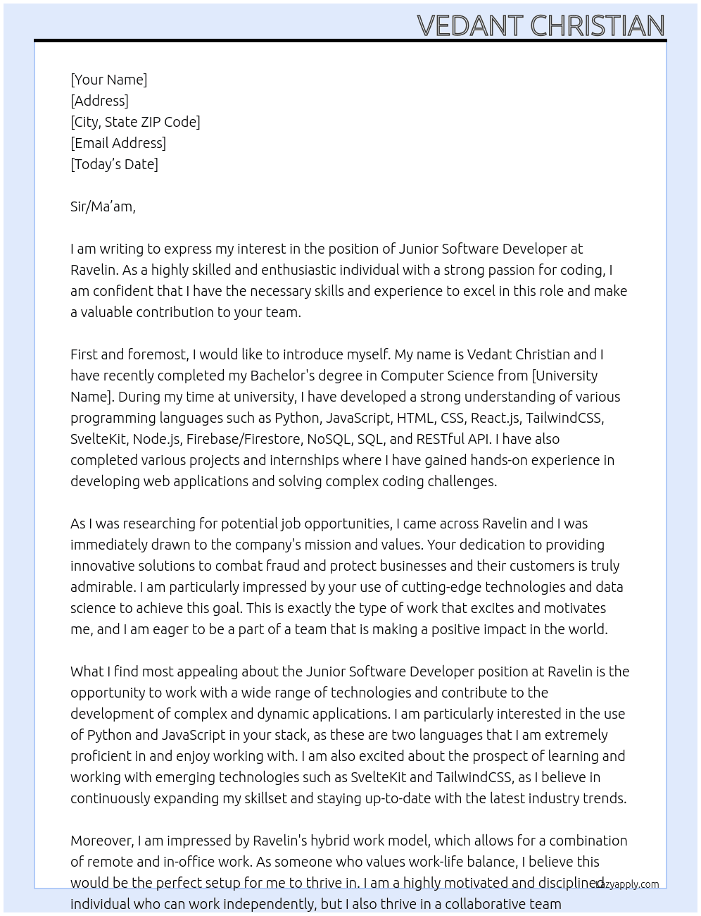 Junior Software Developer At Ravelin Cover Letter