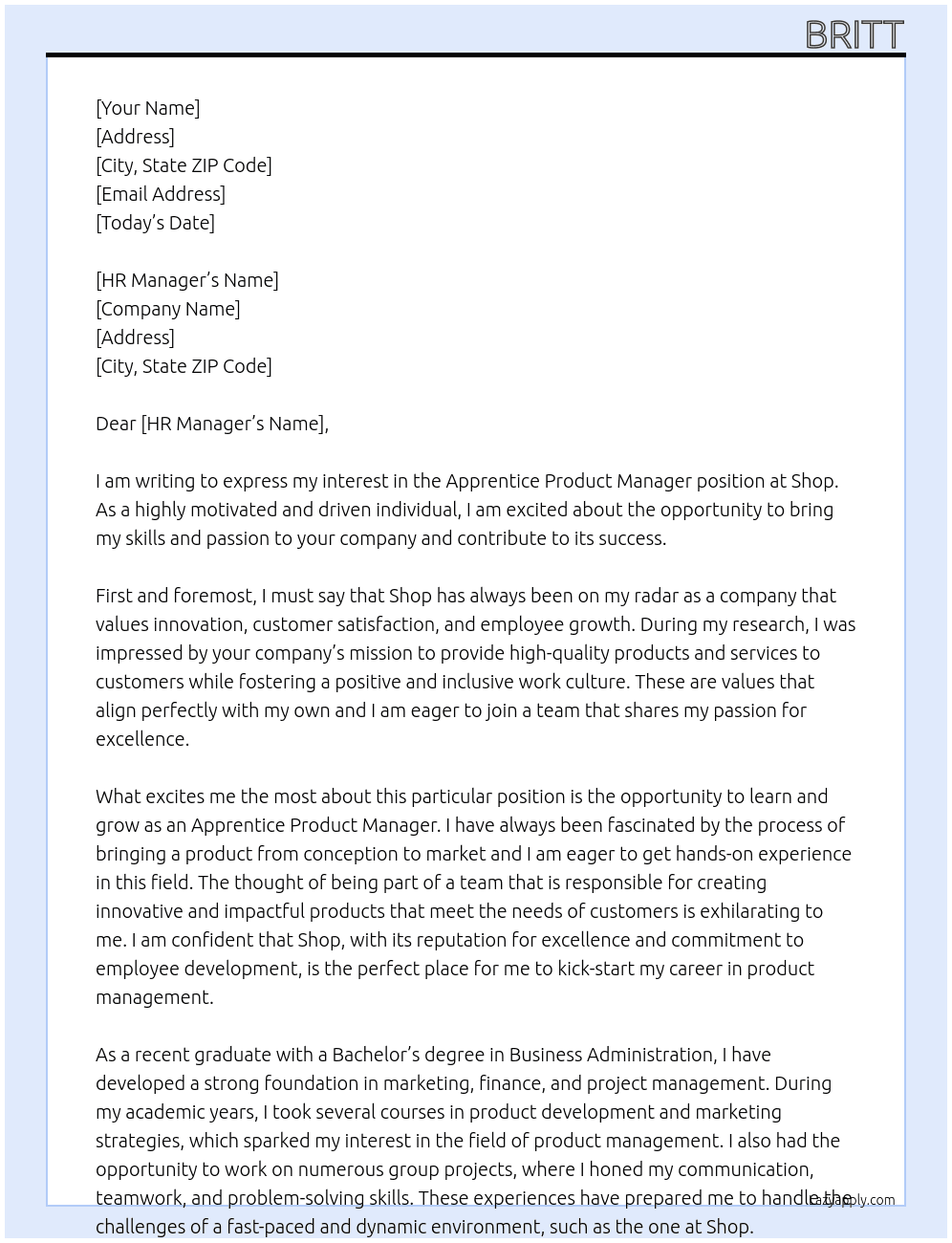 Apprentice Product Manager At Shop Cover Letter