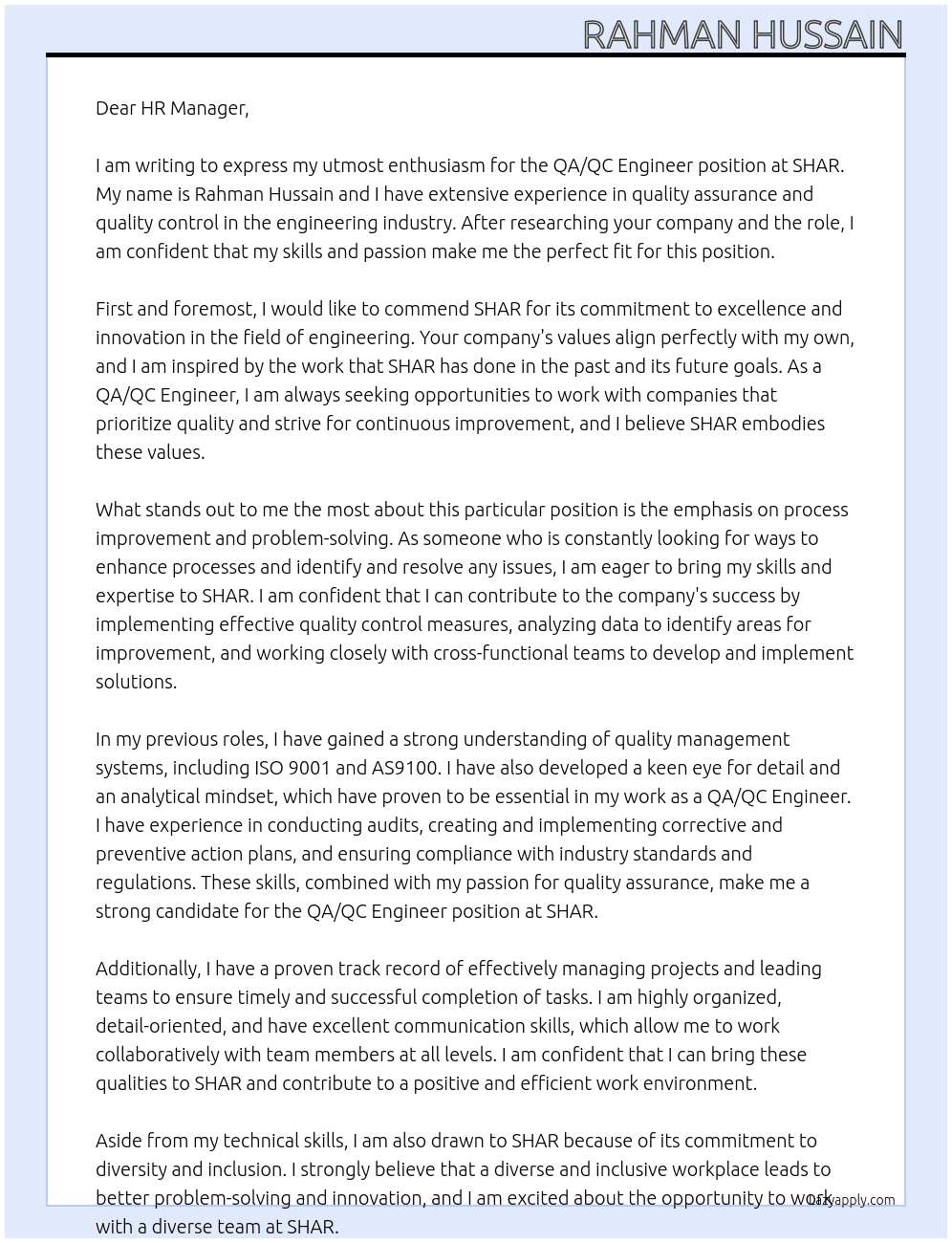 QA/QC Engineer At SHAR Cover Letter