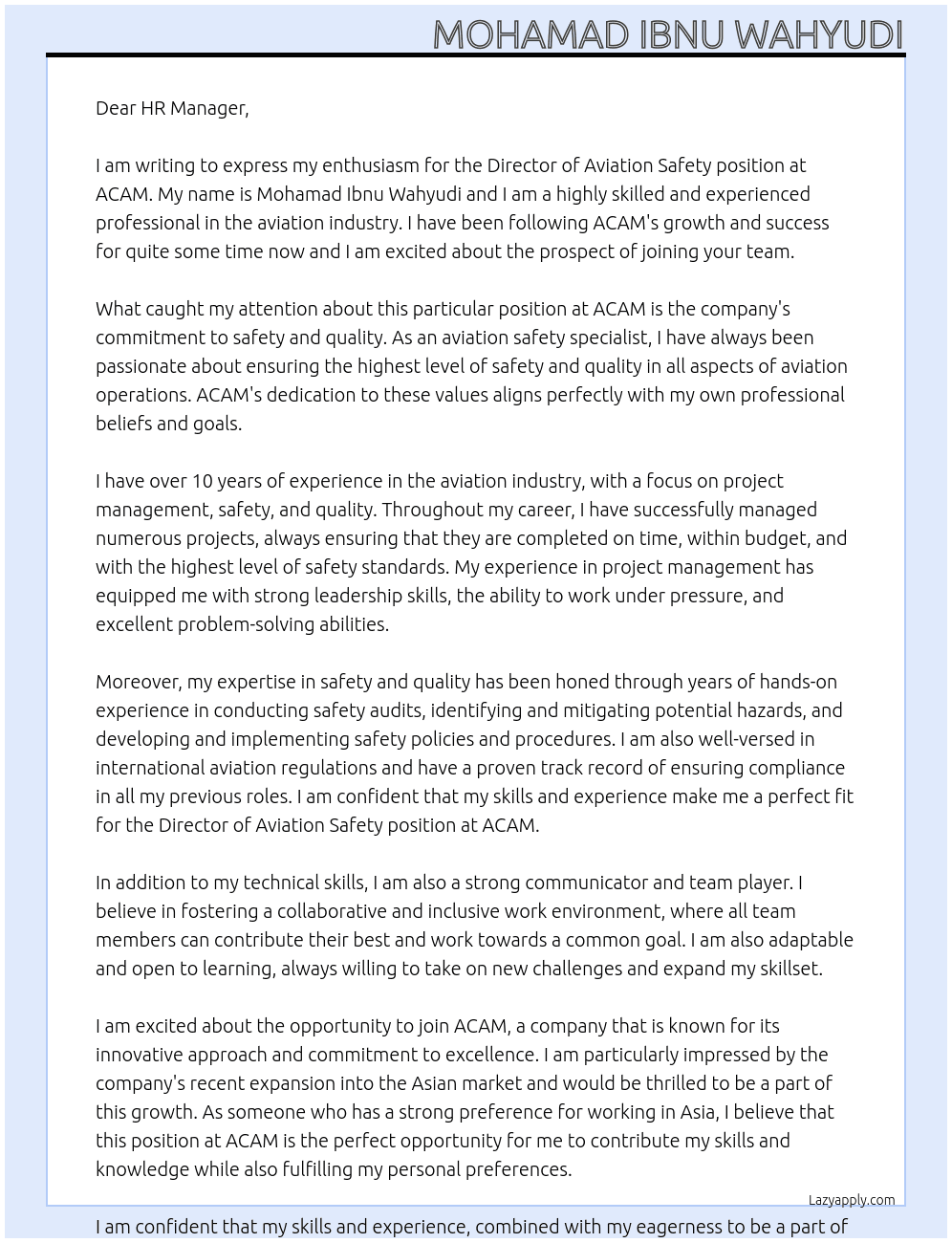 director of aviation safety At acam Cover Letter