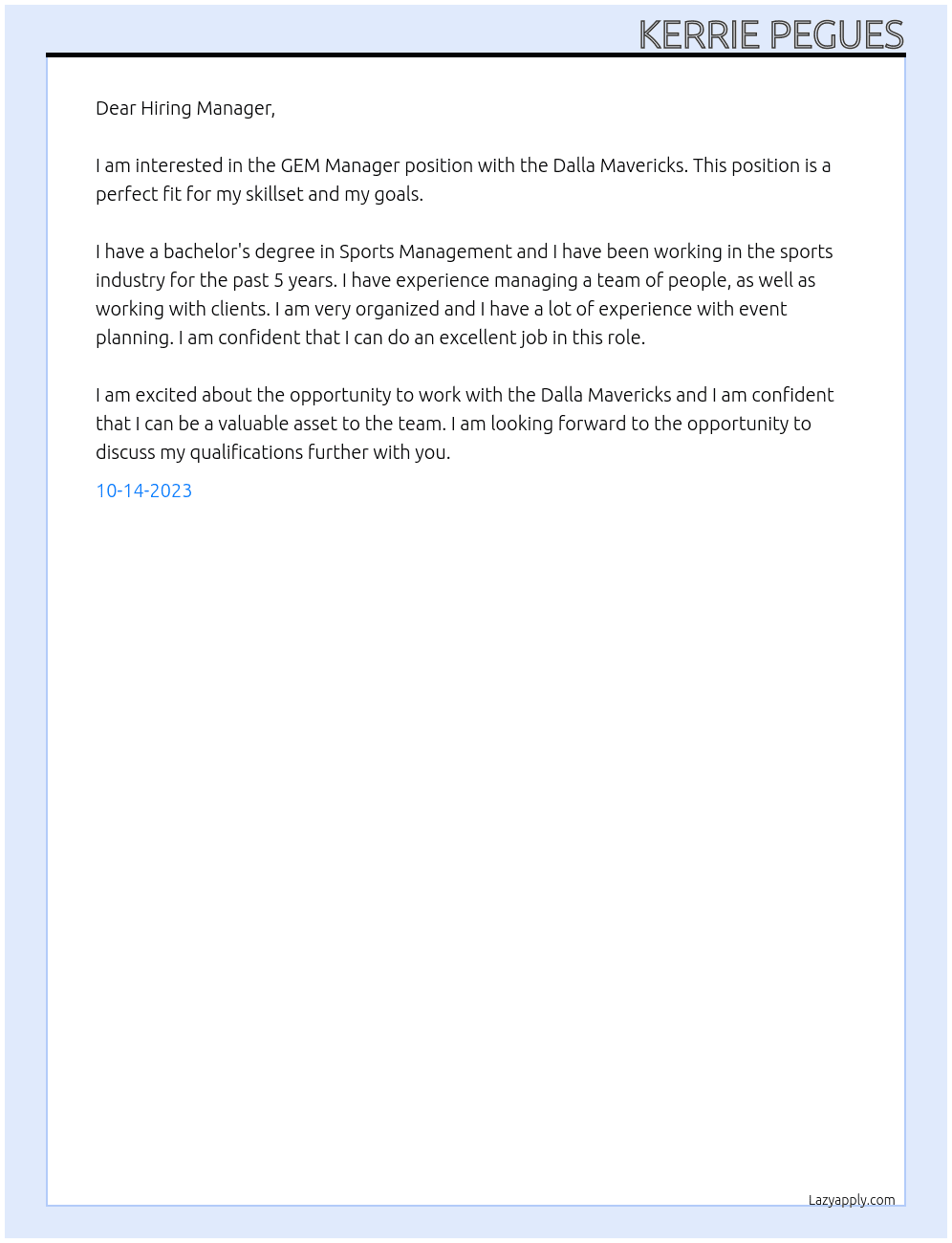 GEM Manager At Dalla Mavericks Cover Letter