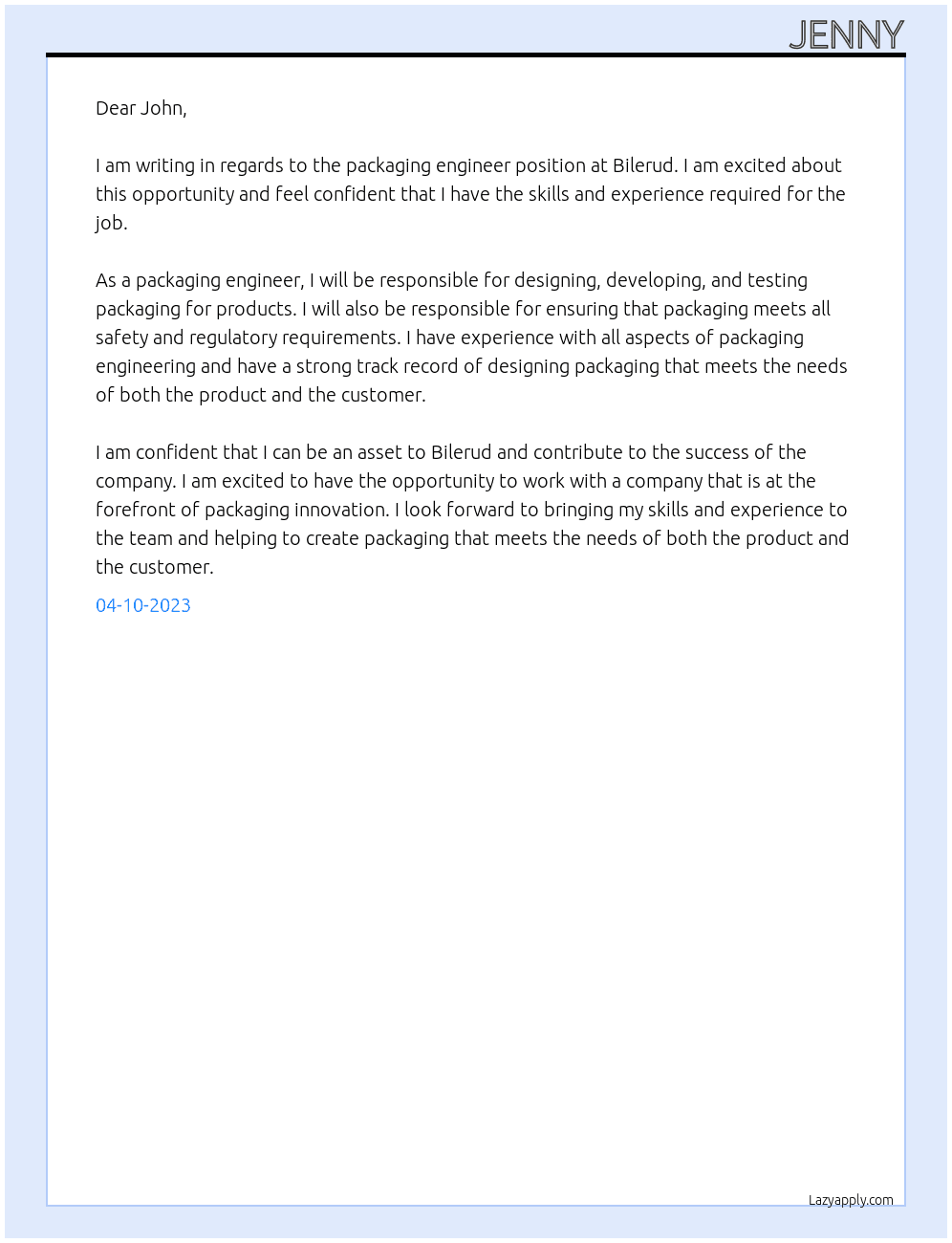 Packagin engeener At Bilerud Cover Letter