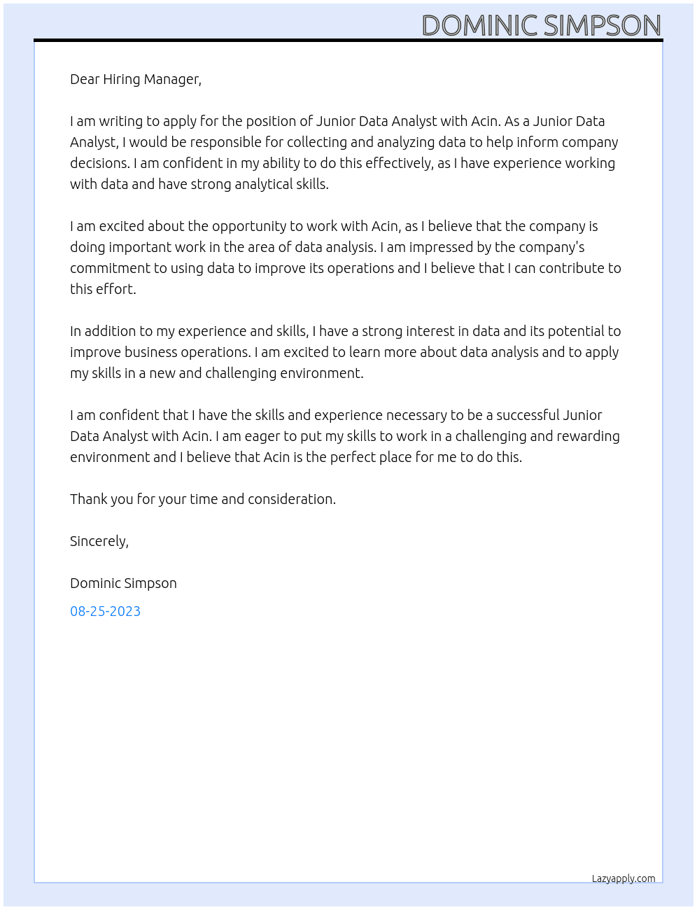 Junior Data Analyst At Acin Cover Letter