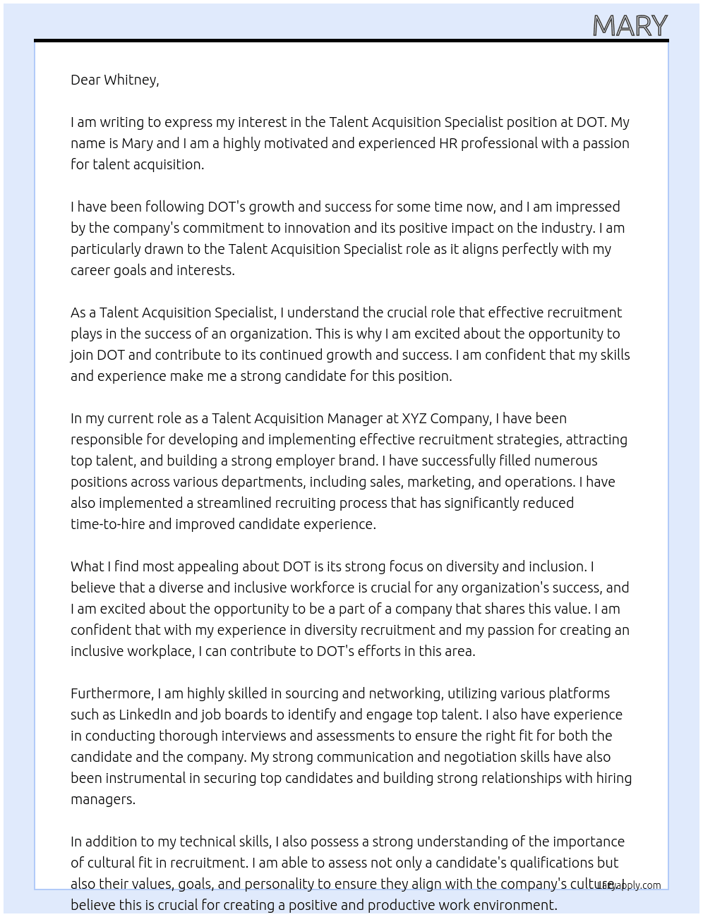 Talent Acquisition specialist At DOT Cover Letter