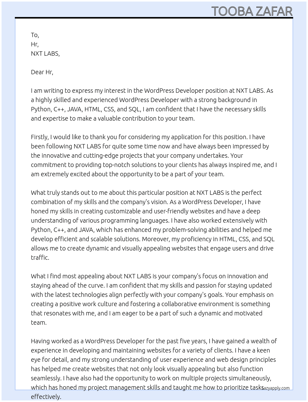 WordPress Developer  At NXT LABS  Cover Letter