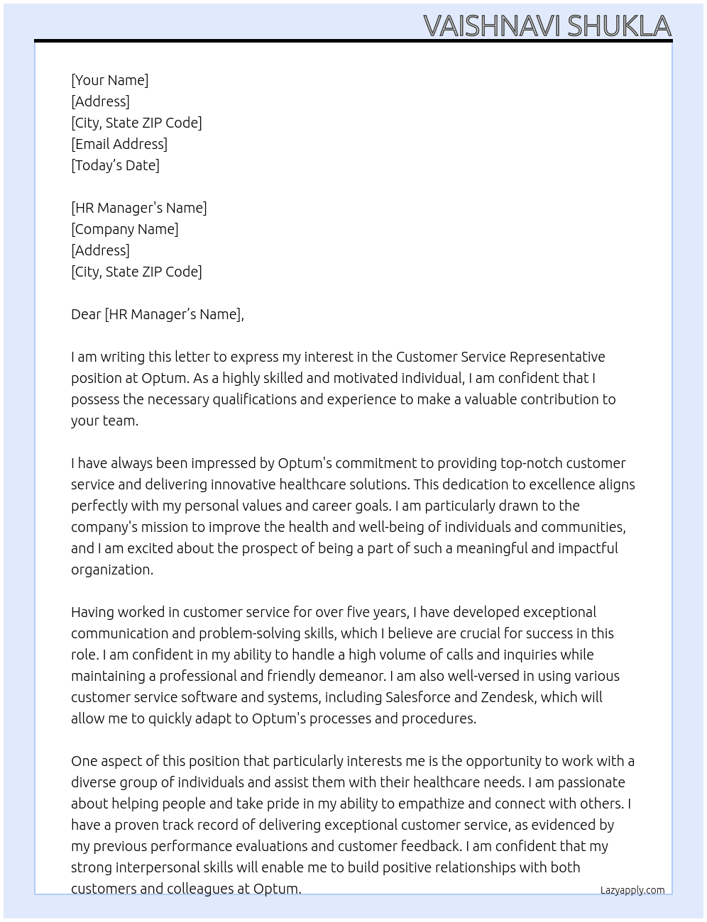 Customer service representative At Optum Cover Letter