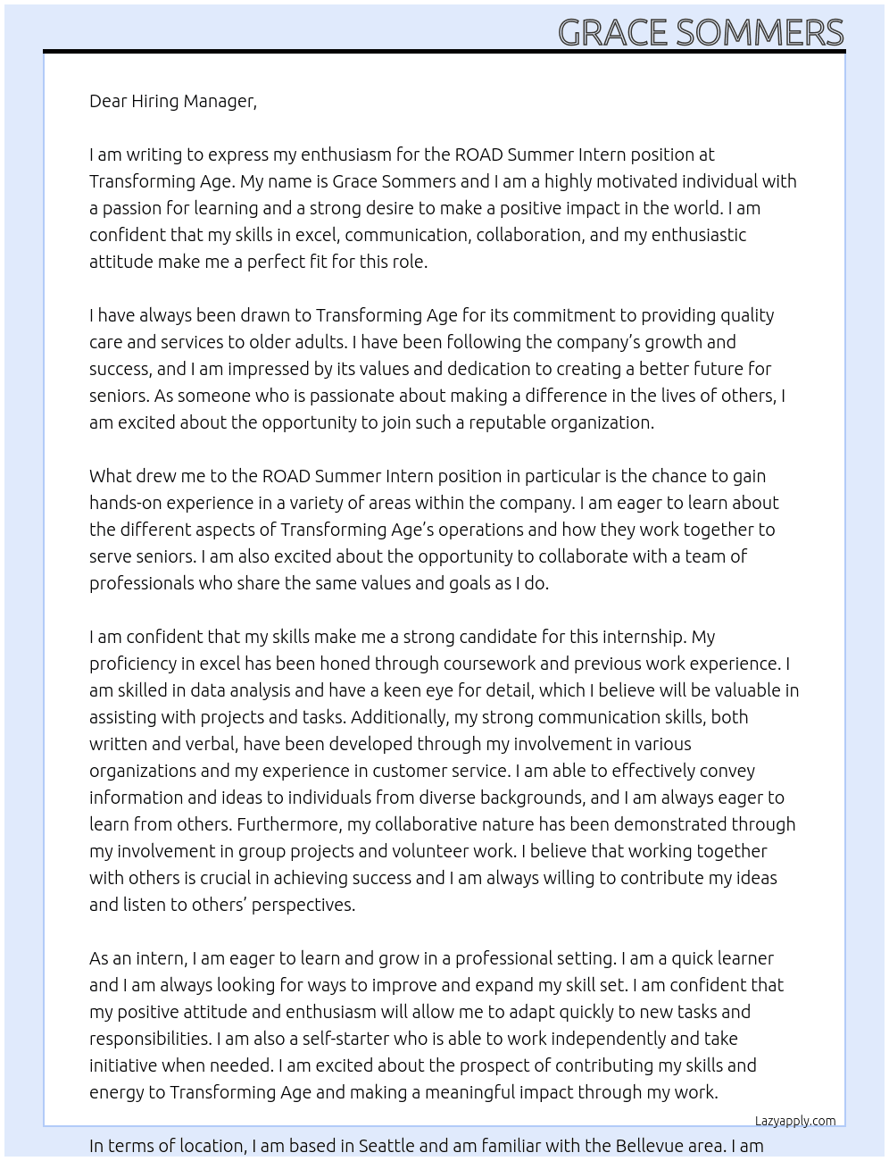 Cover letter for road summer intern - LazyApply