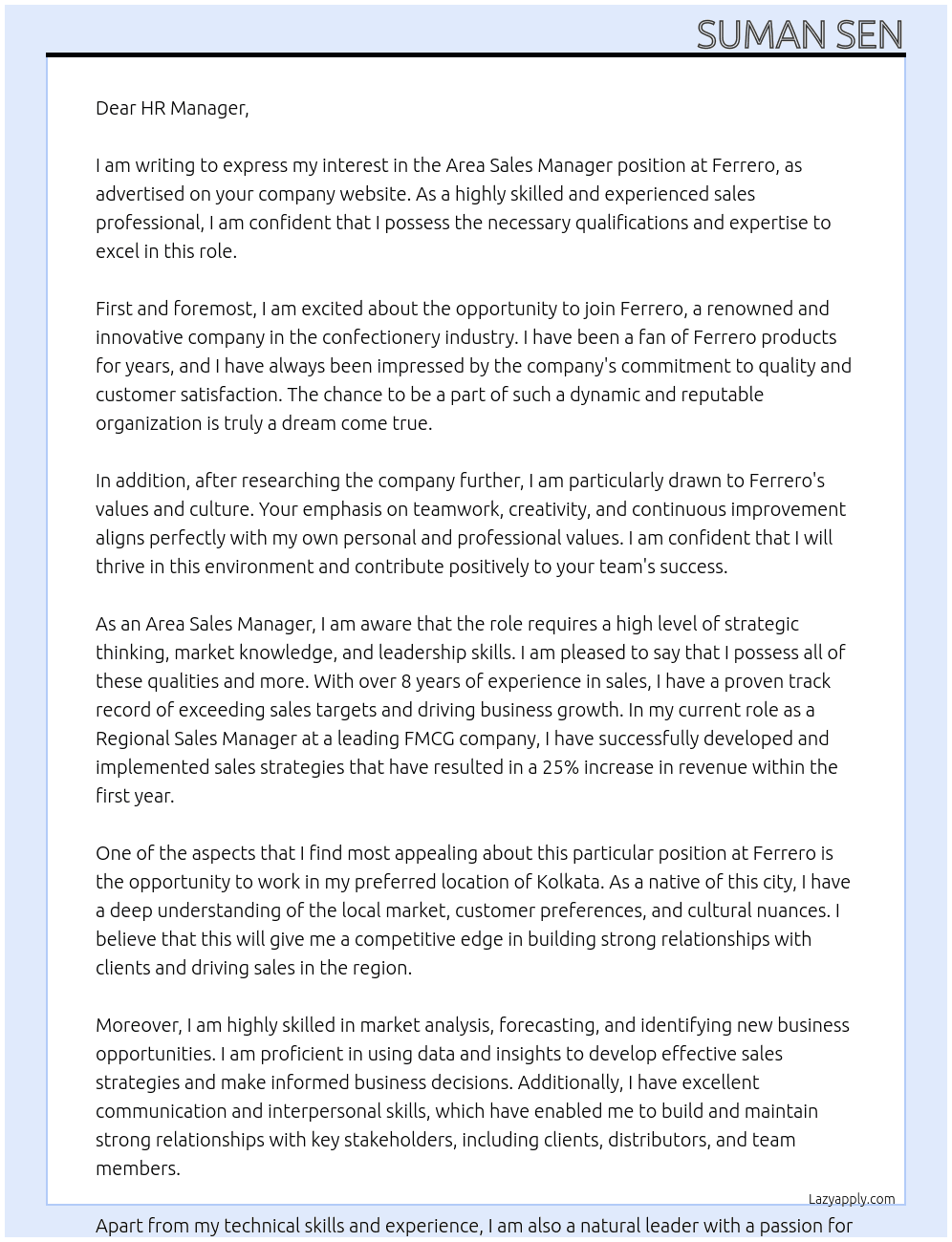 Area Sales Manager At Ferrero Cover Letter