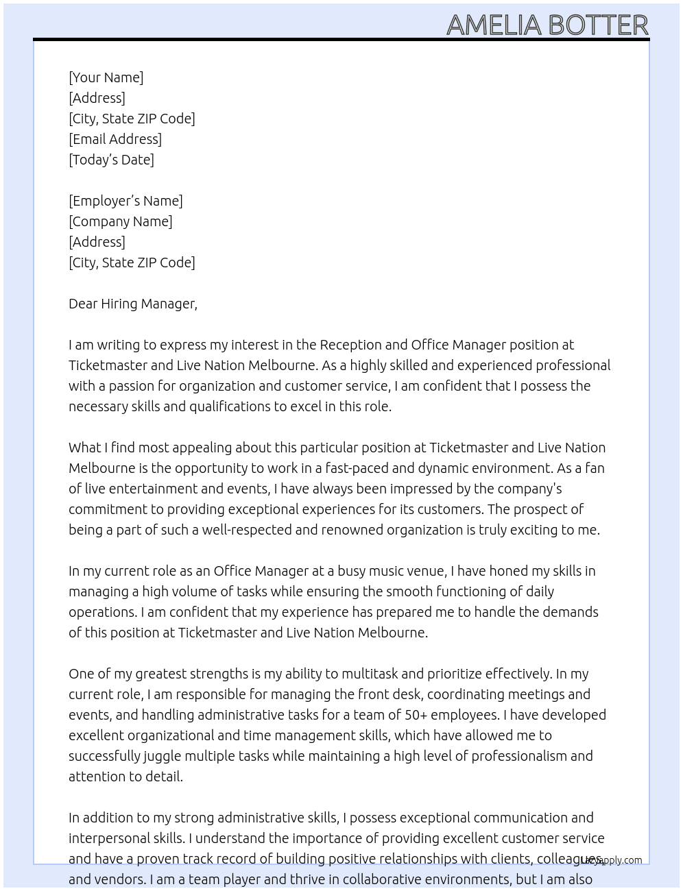 Reception and Office Manager At Ticketmaster and Live Nation Melbourne Cover Letter