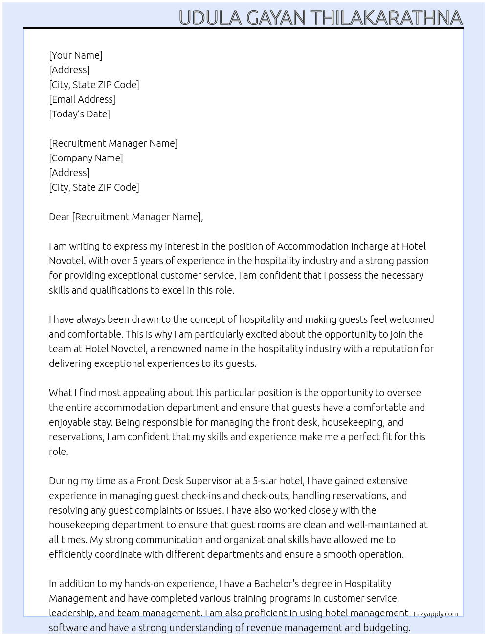 Accommodation incharge  At Hotel Novotel Cover Letter