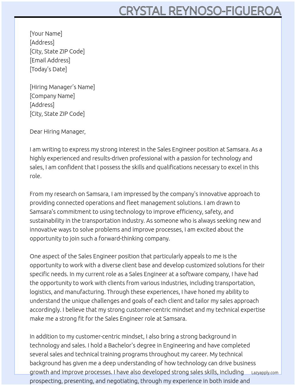 Sales Engineer At Samsara Cover Letter