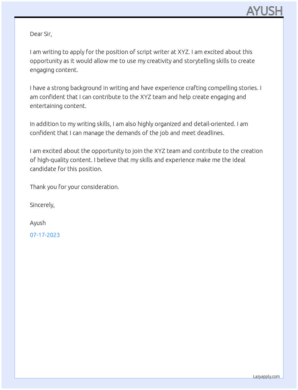 script writer  At xyz Cover Letter