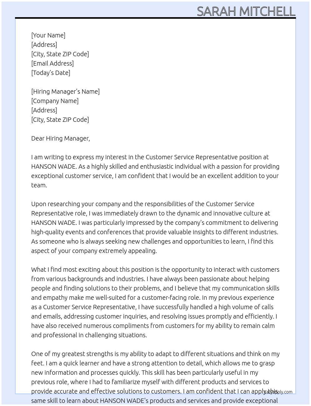 Customer Service Representative  At HANSON WADE: Cover Letter