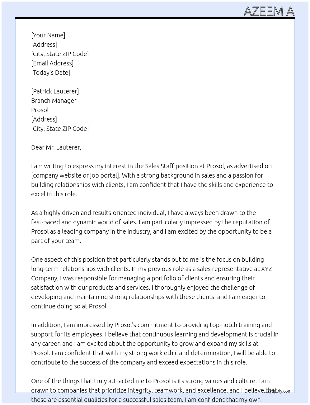 Sales staff At Prosol Cover Letter