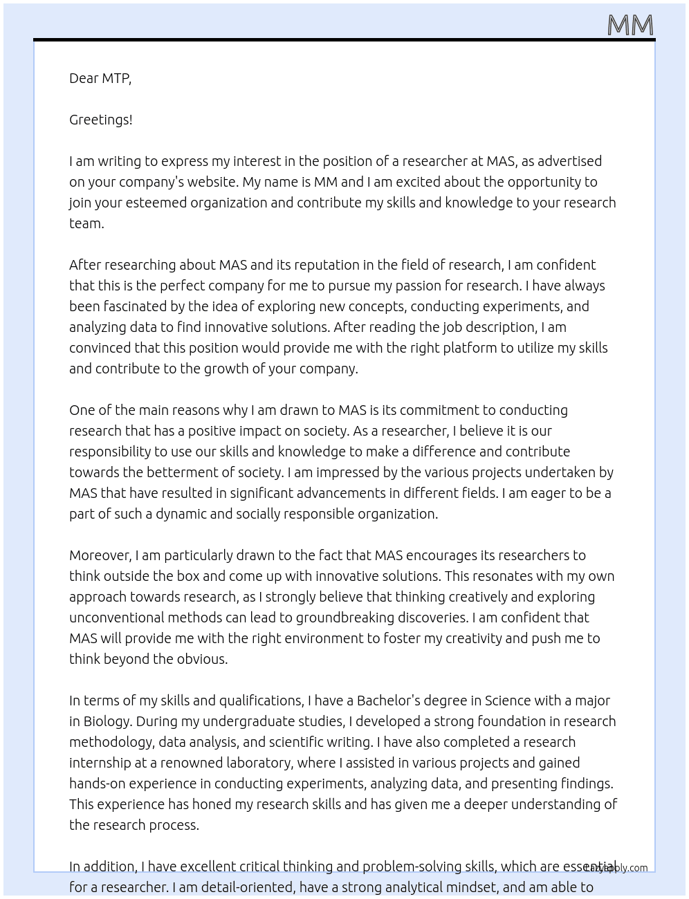 researcher At mas Cover Letter
