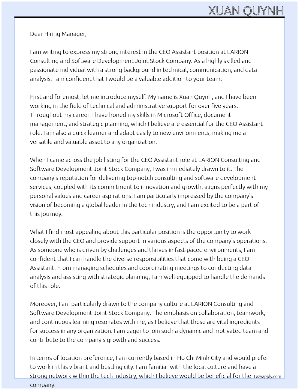 CEO Assisstant At LARION Consulting and Software Development Joint Stock Company Cover Letter