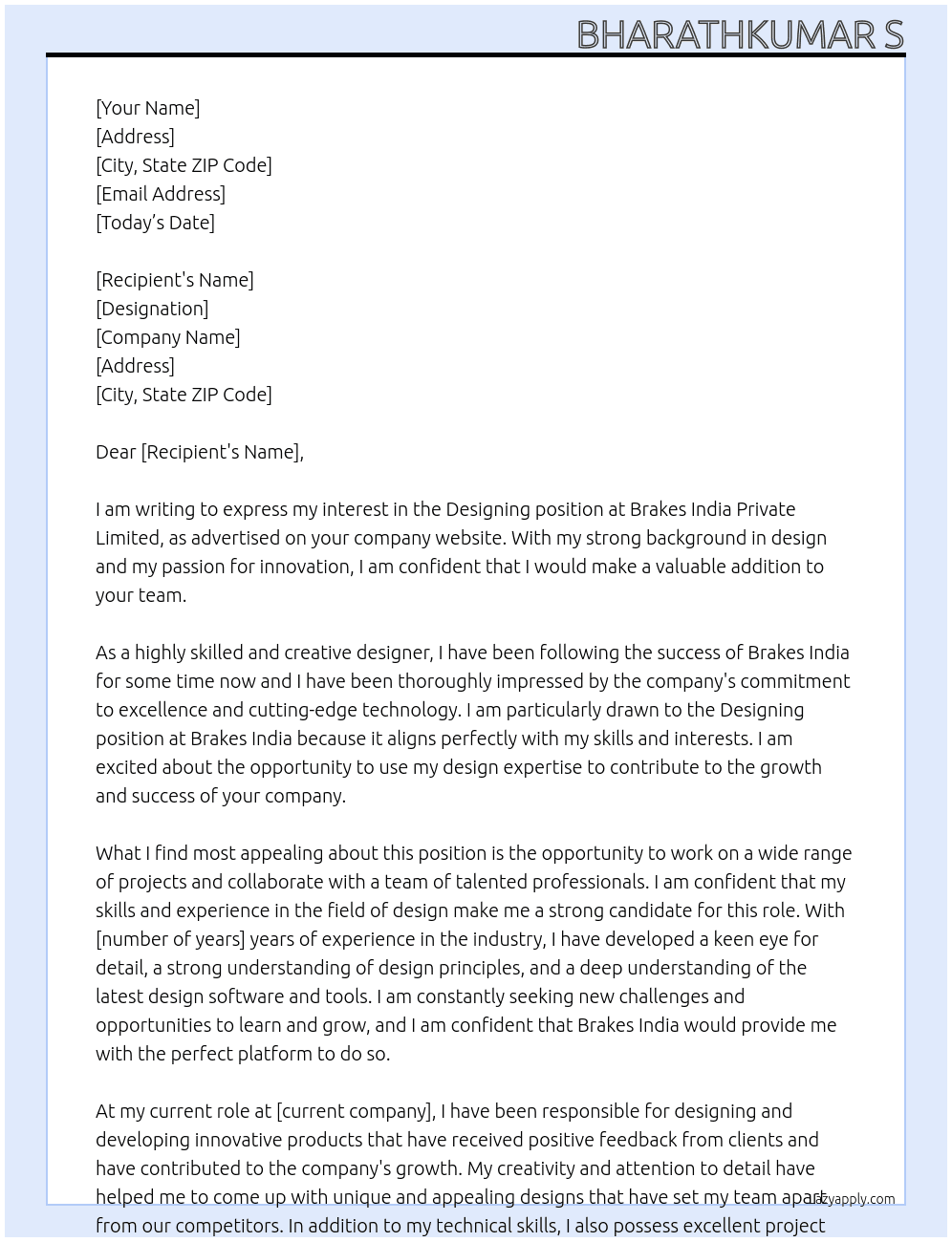 Designing At Brakes India Private Limited Cover Letter