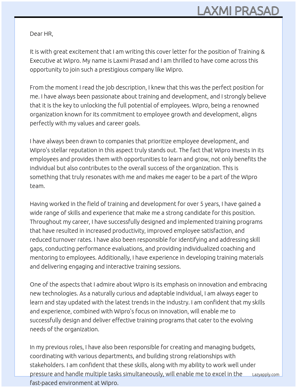 Cover letter for training & executive - LazyApply