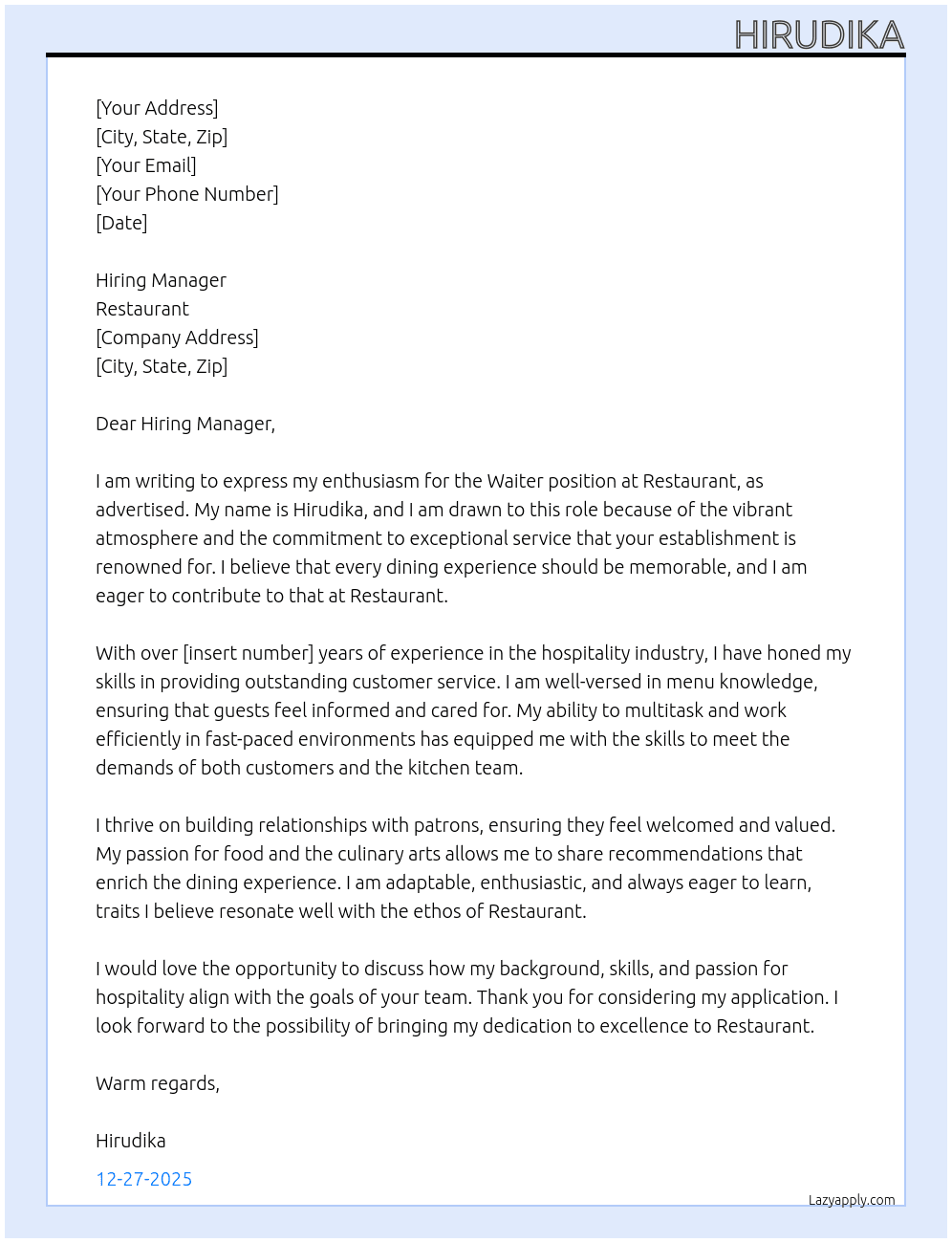 Waiter At Restaurant  Cover Letter