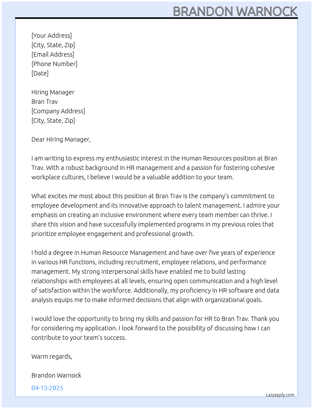 human resources At Bran Trav Cover Letter