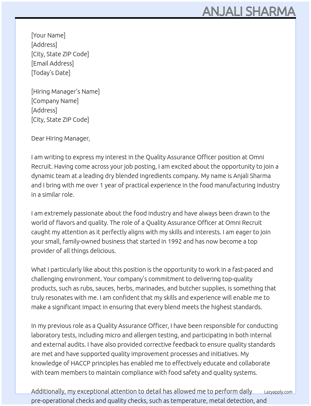 Quality Assurance Officer At Omni Recruit Cover Letter
