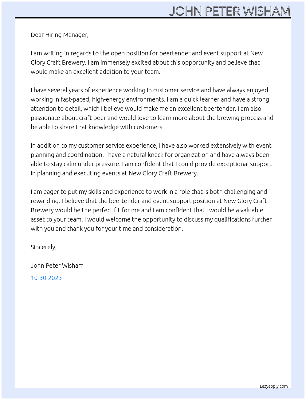 Beertender and event support At New Glory Craft Brewery Cover Letter