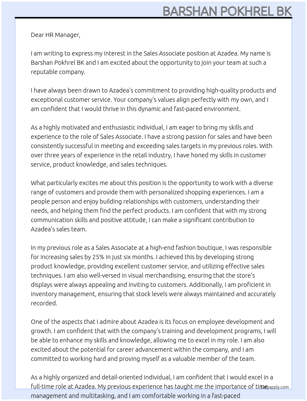 Sales Associate  At Azadea Cover Letter