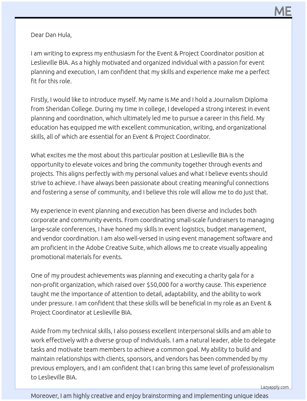 Event & Project Coordinator At Leslieville BIA Cover Letter