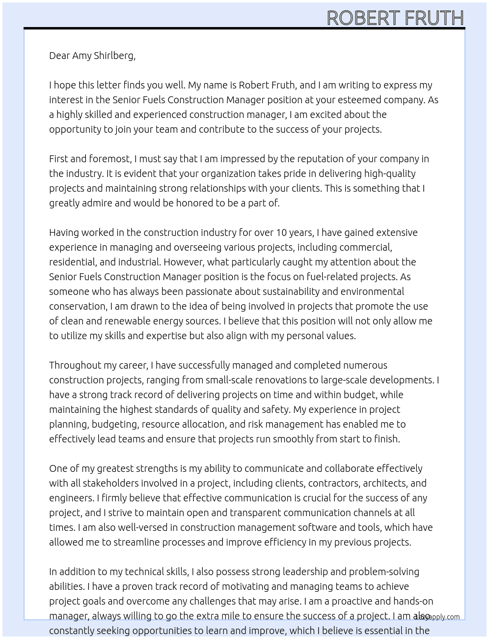 Senior Fuels Construction Manager At Senior Fuels Construction Manager Cover Letter
