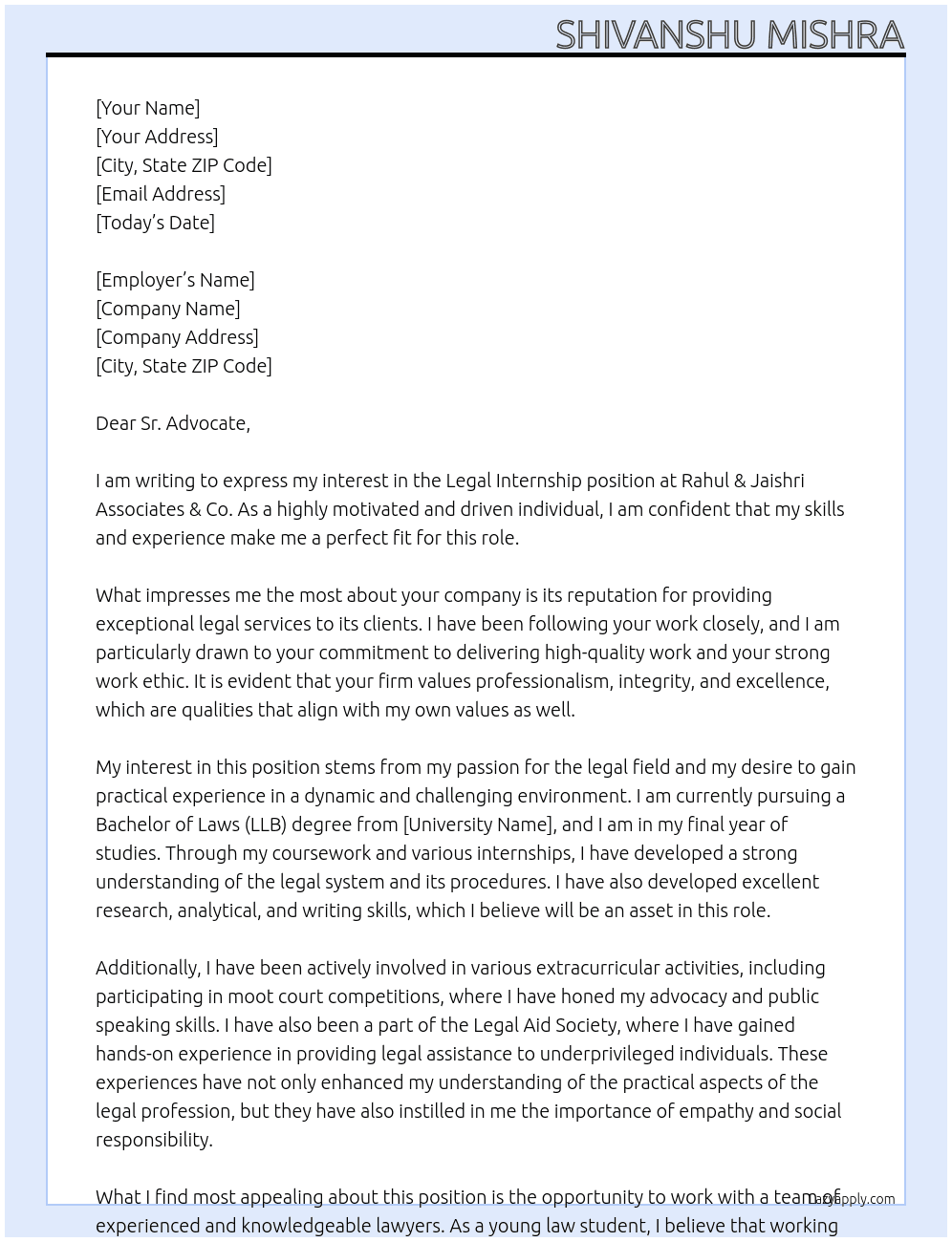 Legal internship At Rahul & Jaishri Associates & Co. Cover Letter