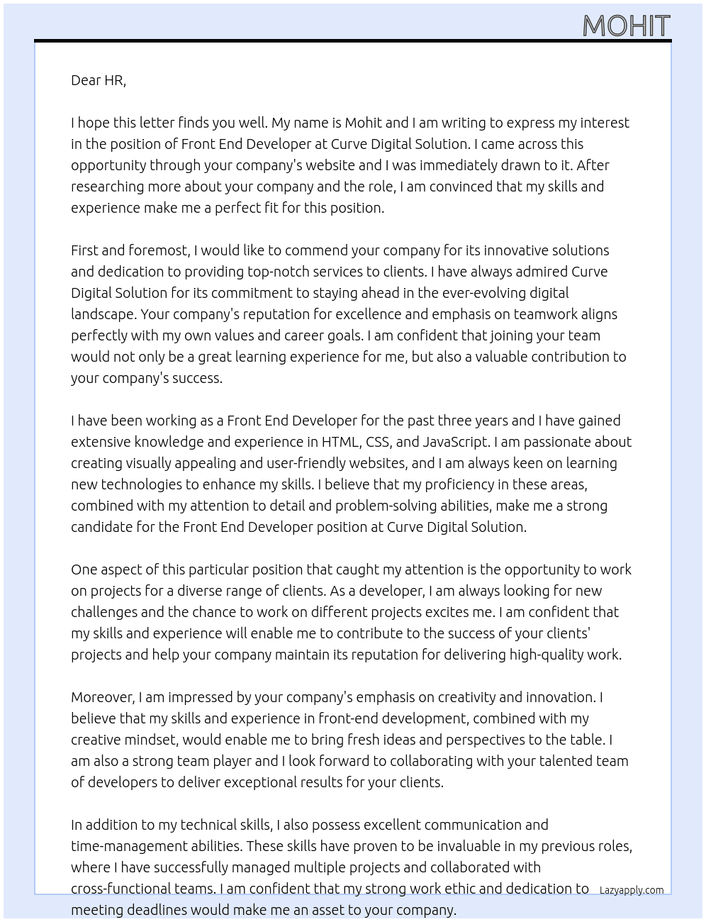Front end developer  At Curve digital solution Cover Letter