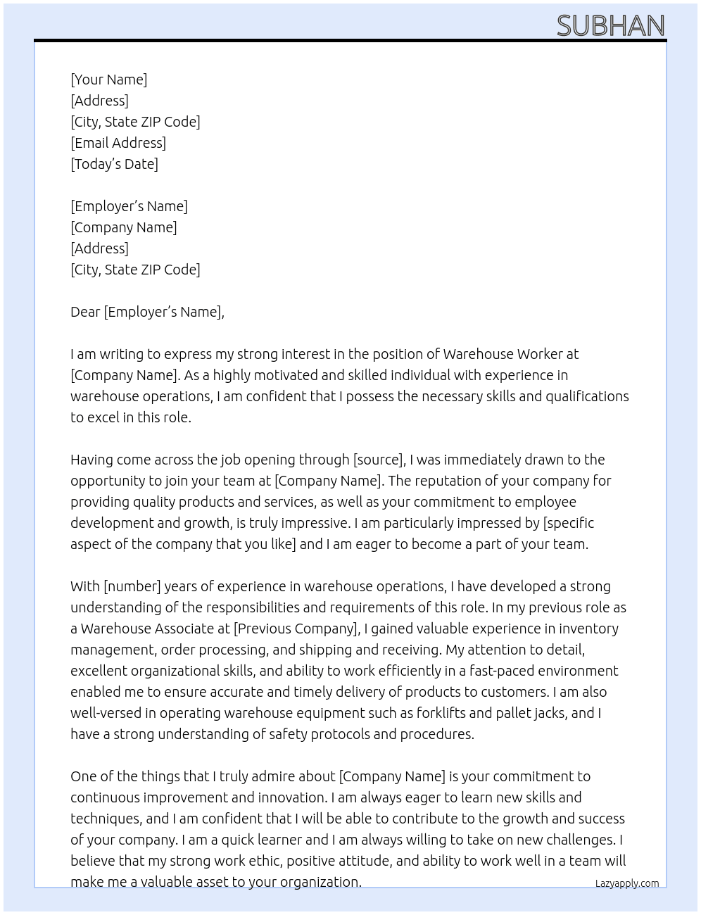 ware house worker At warehouse Cover Letter