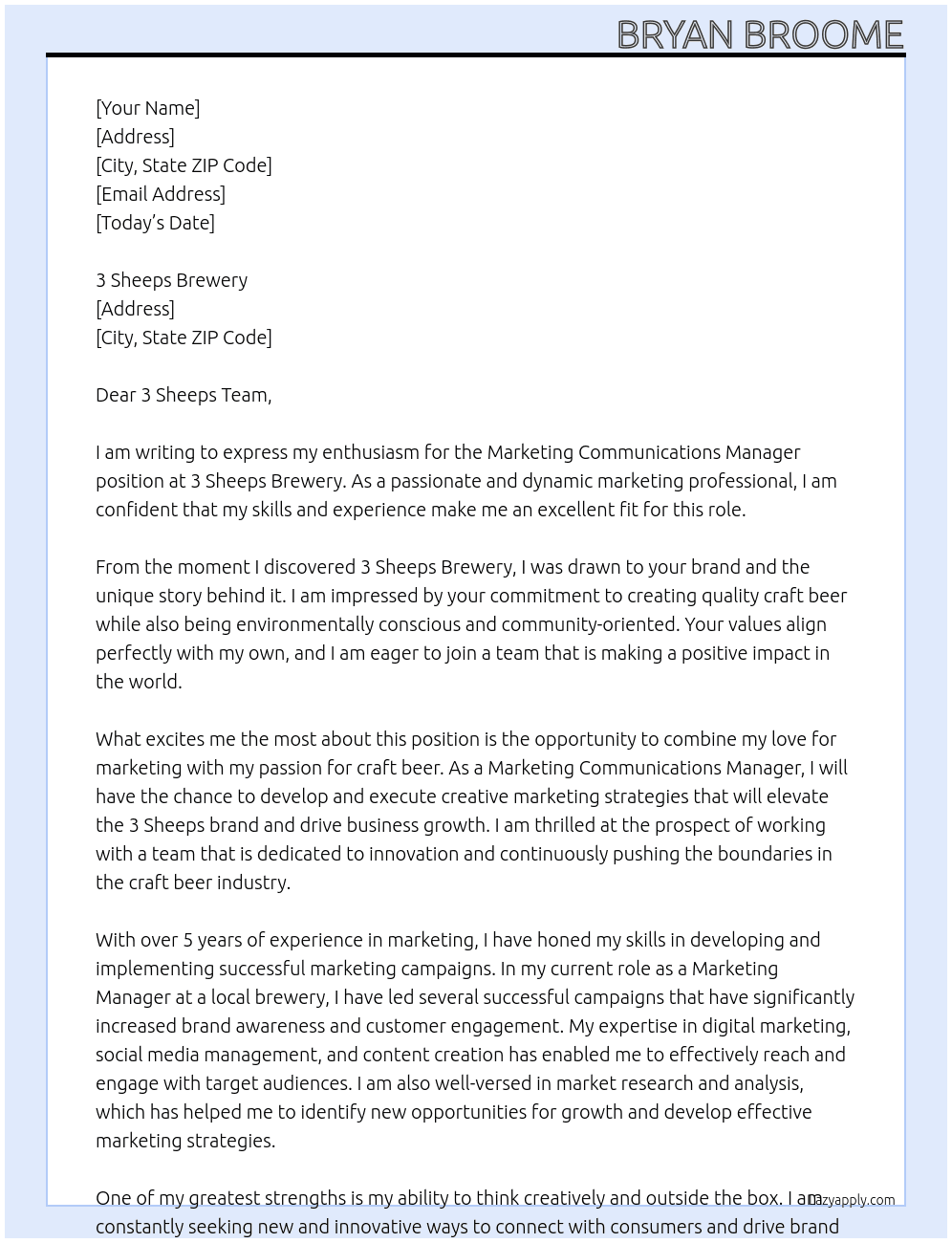 Marketing Communications Manager At 3 Sheeps Brewery Cover Letter