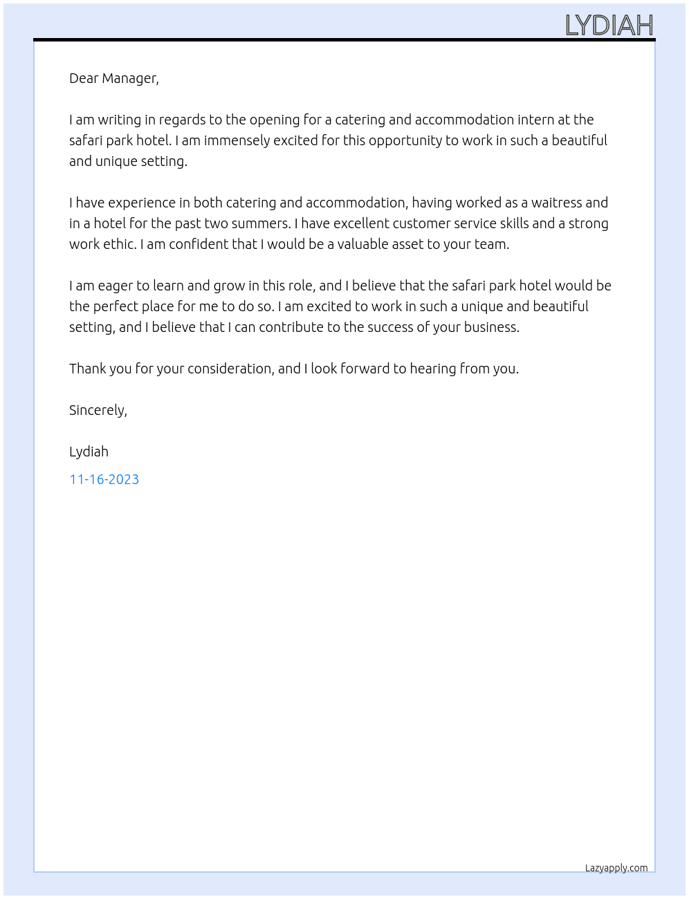 Catering and accommodation intern At safari park hotel  Cover Letter