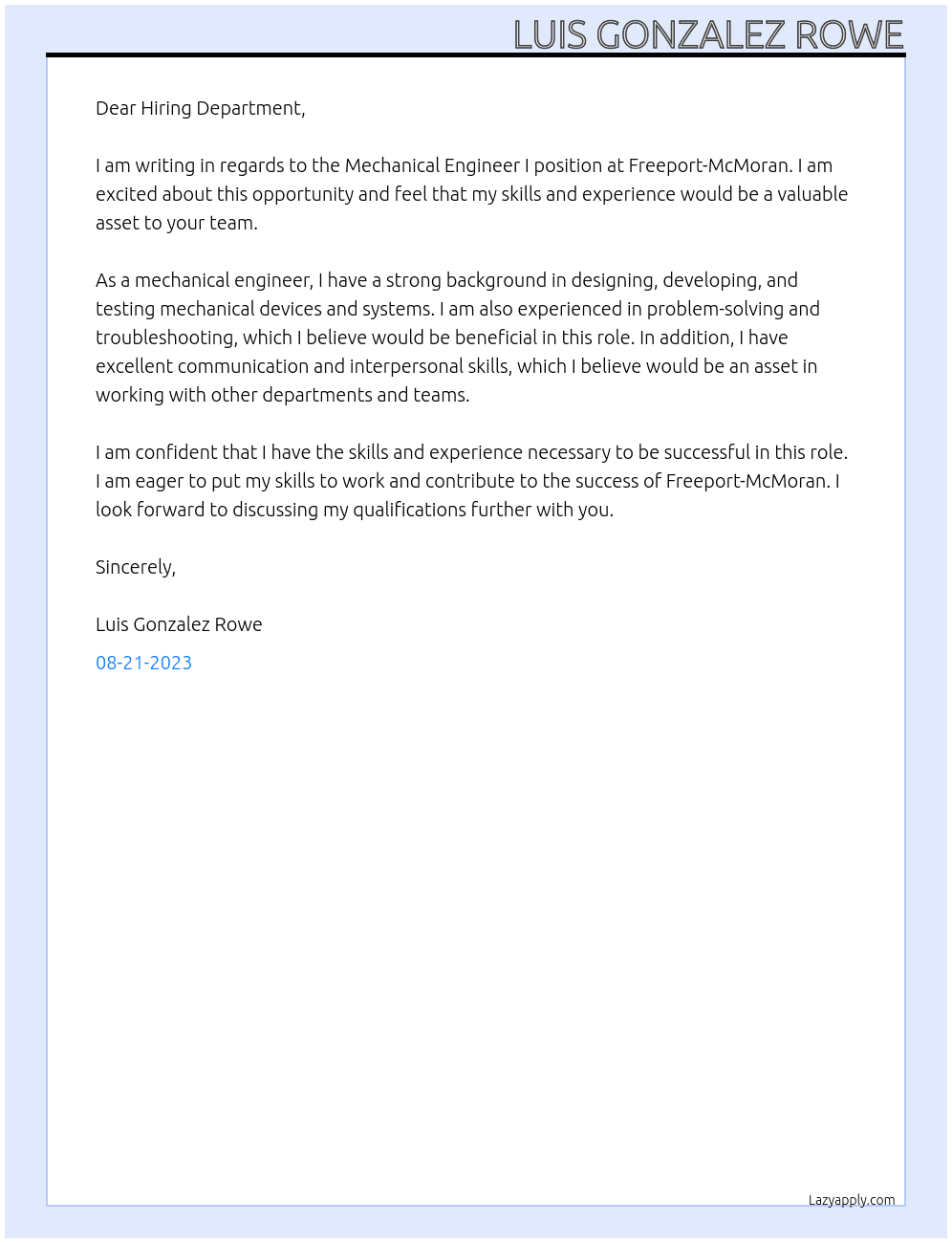 Mechanical Engineer I At Freeport-McMoran Cover Letter